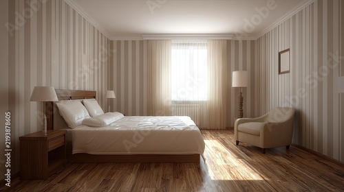 Bedroom interior with bed armchair lamp window sunlight and wooden floor