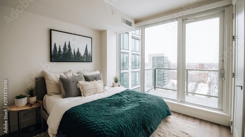 Modern bedroom interior with large windows and decorative elements