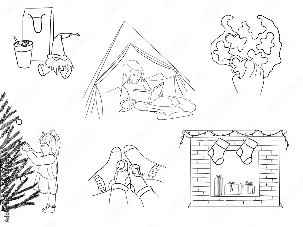 Fototapeta premium Cozy Christmas Line Art Vector Set – Winter Holidays Line Illustrations