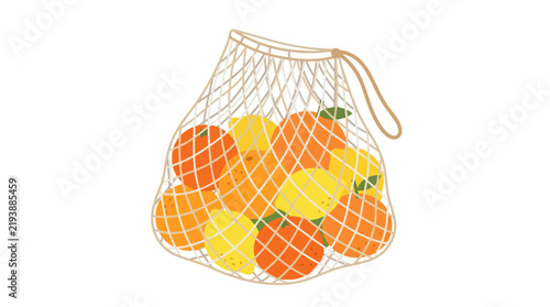 A high-quality vector graphic showing a three-quarter view of a beige string net grocery bag. The bag is filled with various citrus fruits, including bright orange oranges and yellow lemons. The desig