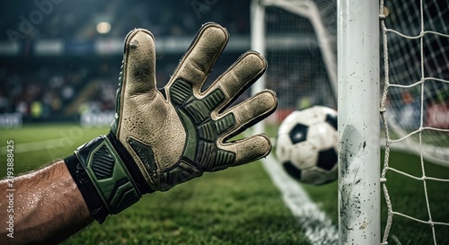 Close-up of a goalkeeper's gloved hand reaching in vain as the soccer ball crosses the goal line into the net
