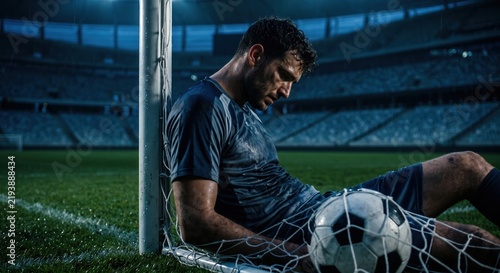 Exhausted soccer player sitting defeated next to a goalpost on an empty field at night