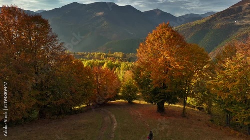 Mother and two children walking in impressive autumn landscape, vibrant autumn forest beneath a mountain skyline