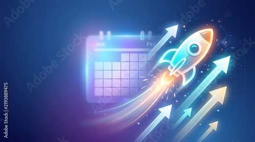 Business Growth Concept With Neon Blue Orange Rocket Launching And Rising Arrows On Calendar Background
