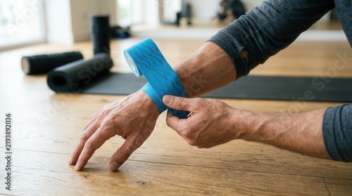 Man applying therapeutic blue kinesiology tape to wrist for injury prevention or recovery in a gym setting with foam rollers in background