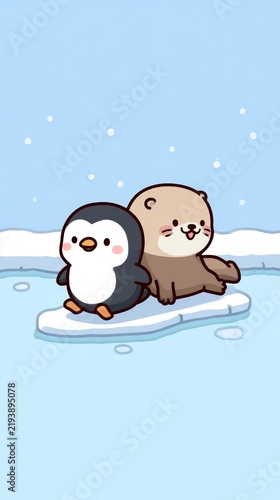 Cute penguin and otter friends sitting together on an ice floe in a snowy winter landscape