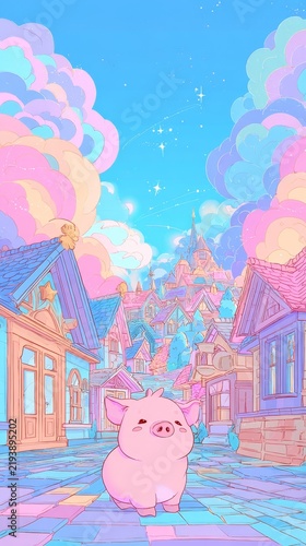 Cute pink pig stands in a pastel-colored fantasy town with whimsical clouds in the sky