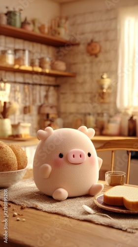 Cute plush pig toy sitting on a table in a cozy kitchen with bread and toast