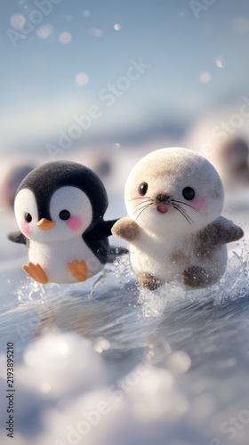 Cute plush penguin and seal pup playing together in icy water with soft focus