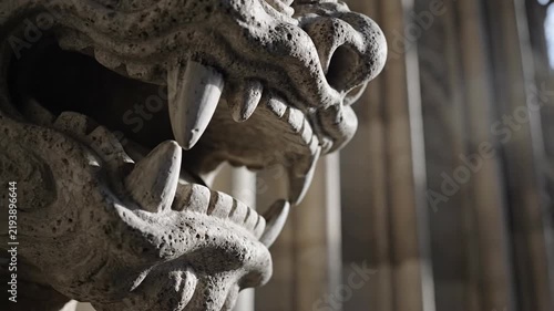 Low angle close-up of weathered grey limestone gargoyle jaws under direct daylight