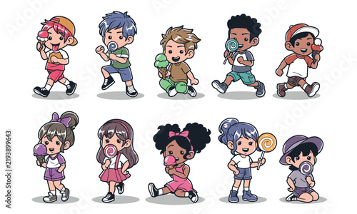 Kids eating candy and ice cream hand drawn vector collection