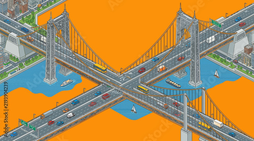 Isometric Illustration of an Urban Suspension Bridge Intersection Featuring Busy Highway Traffic Over a Flowing River Landscape