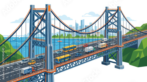 Modern Suspension Bridge Infrastructure with Urban Traffic Flow and City Skyline Background Illustration