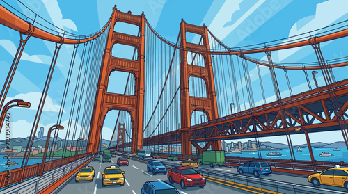 Dynamic Illustration of a Iconic Suspension Bridge Featuring Busy Highway Traffic Against a Vibrant Blue Sky and Sunny Waterfront Landscape