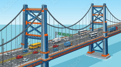 Isometric view of a modern suspension bridge with heavy road traffic and city vehicles traveling over a river during the daytime