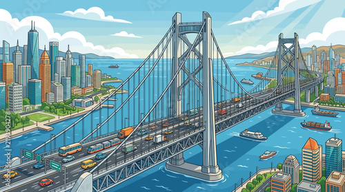 Vibrant urban landscape featuring a large suspension bridge connecting a bustling metropolitan city across a wide sparkling bay with traffic