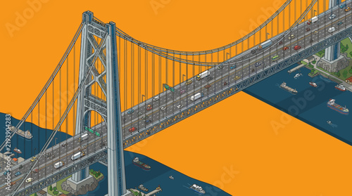 Isometric view of a massive suspension bridge spanning across a wide river with urban traffic flowing during a clear day
