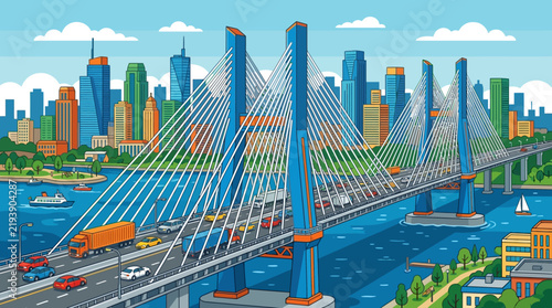 Modern Cable-Stayed Bridge Over Water with City Skyline Background Vector Illustration