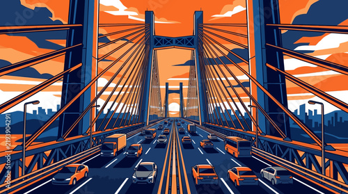 Modern Cable-Stayed Bridge Infrastructure Featuring Heavy Commuter Traffic Under A Vibrant Sunset Sky Landscape Illustration