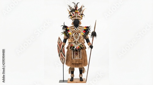 Traditional tribal warrior costume with feathered headdress spear and shield on mannequin against white background