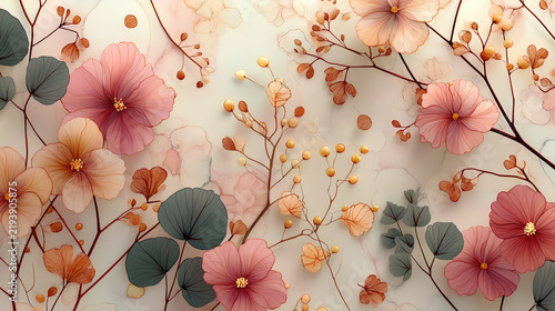 Elegant floral arrangement with pink, peach, and gray leaves and delicate branches on soft pastel background