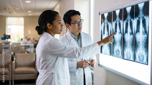 Two medical professionals examine x-ray images on a digital screen in a hospital. They point at specific areas while patients are present in the background