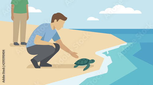 Man Gently Releasing Baby Sea Turtle to Ocean on Sandy Beach