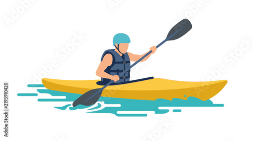 Man kayaking on yellow boat, wearing helmet and life vest, paddling on water