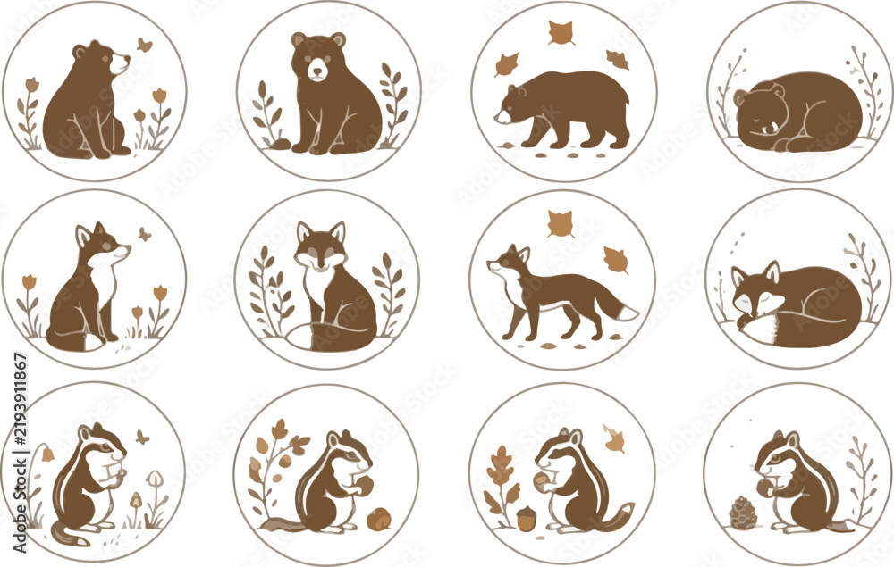 Obraz premium Woodland animal circular icons with bear fox and chipmunk
