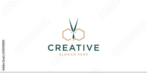 Modern Scissors and Hexagon Logo Template with Elegant Line Art Concept