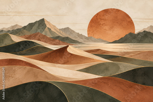 Boho Desert Mountain Landscape with Terracotta Sun and Layered Dunes