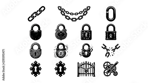 Collection of various metal lock icons.