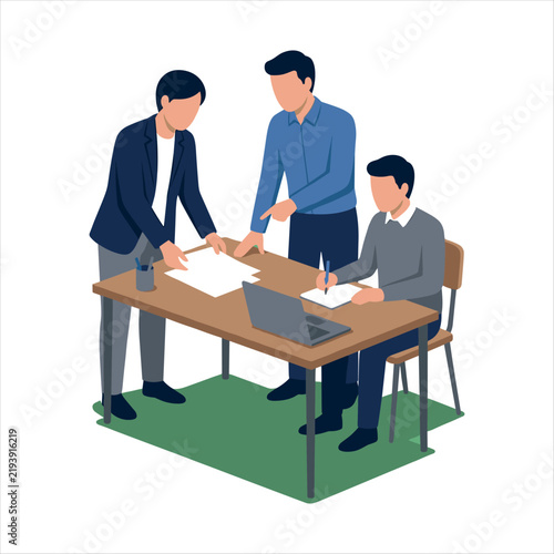 Isometric vector illustration of three businessmen collaborating and working together around an office desk with a laptop and documents.