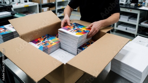 Worker packs printed brochures into cardboard box. Stacks of colorful printed materials ready for distribution in a commercial print shop. Order fulfillment and logistics process.