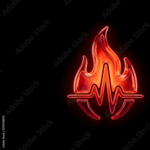 Shiny 3d fire flame icon with a red heartbeat pulse line