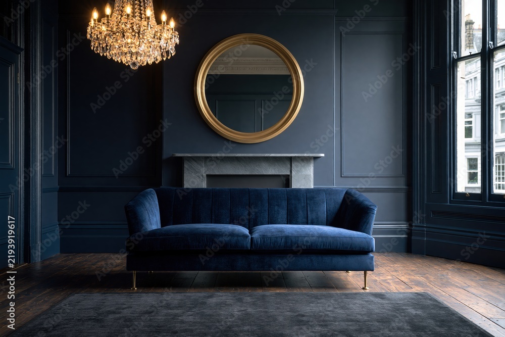 Obraz premium Luxury living room with blue velvet sofa and