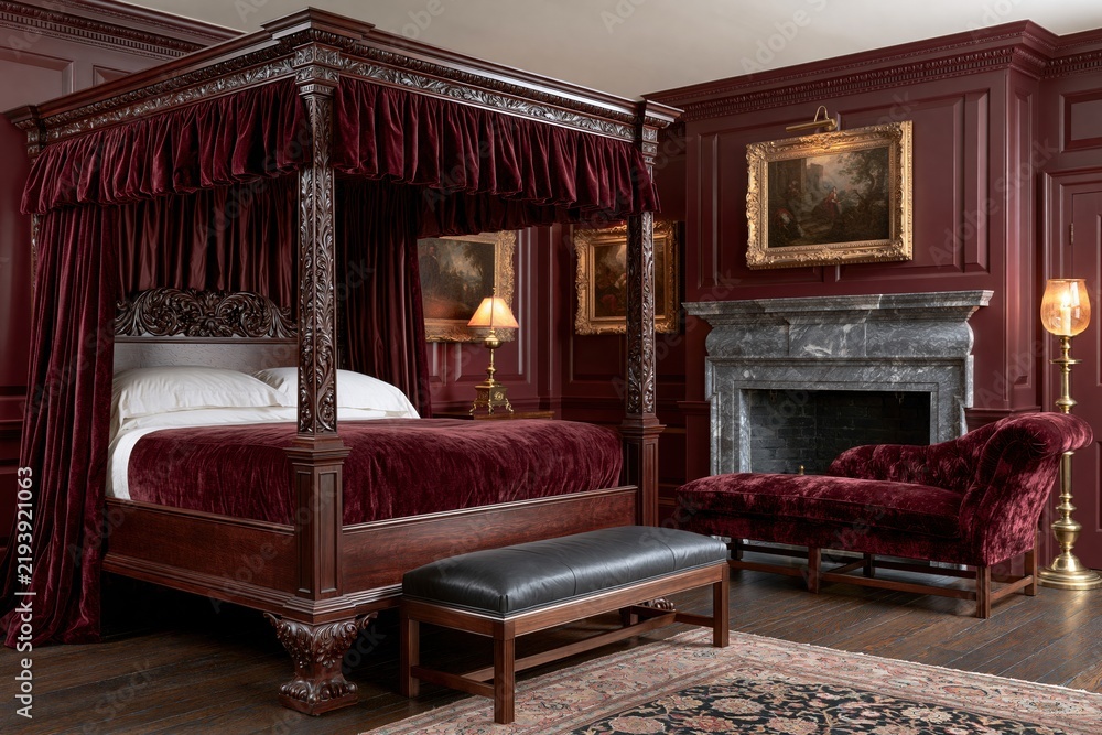 Obraz premium Luxurious red bedroom with ornate canopy bed and