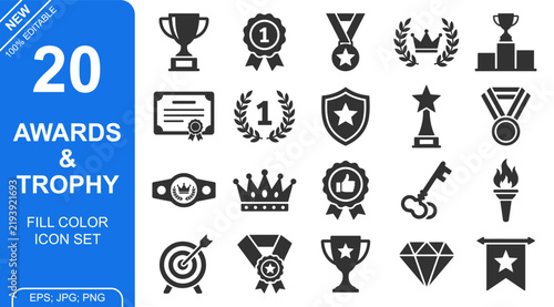 Minimalist black filled icon set featuring various awards trophies medals ribbons crowns shields certificates and success symbols for professional business graphics