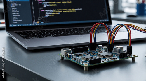 Obraz na płótnie Engineer develops embedded system using microcontroller board, laptop. Developer writes code for hardware prototype on workstation. Electronic circuit with colorful jumper wires connects to computer