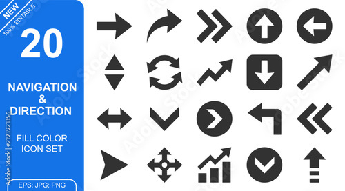 Minimalist black navigation and direction icon vector pack featuring twenty versatile arrows for modern user interface design and web application development projects