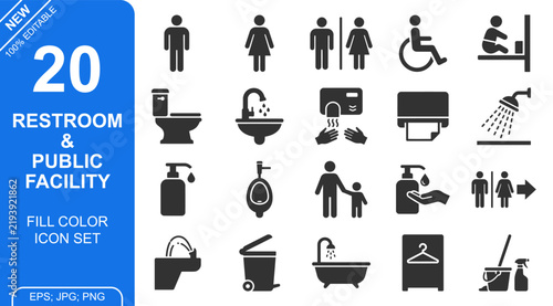 Restroom and public facility icon set featuring essential signage symbols for hygiene and building wayfinding applications in monochrome vector graphic style