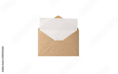 Canvastavla Open brown kraft paper envelope with white paper inside solated on transparent b