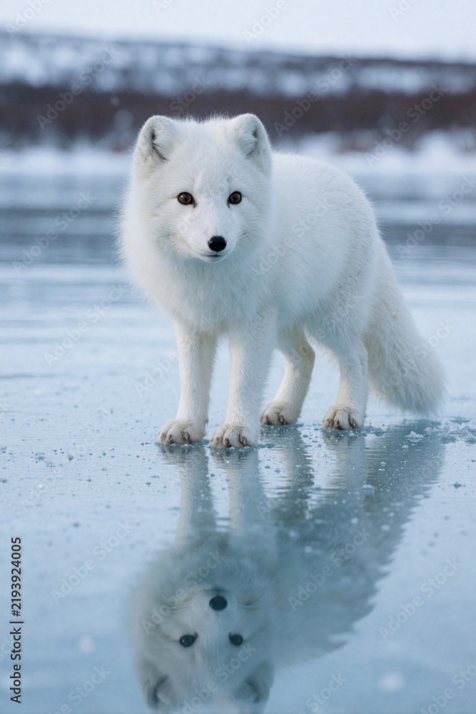 Obraz premium Arctic fox with white fur stands on frozen lake ice. Its reflection appears on the smooth ice surface. Snowy landscape forms the background for this cold wild animal.