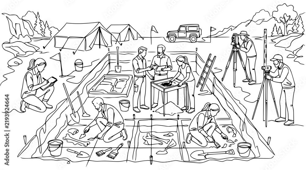 Fototapeta premium Archaeological Dig Site with Team Excavating Artifacts