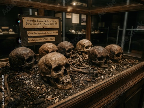 Ancient Human Skulls Displayed In Museum Exhibit Artifacts