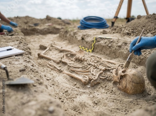 Archaeological Dig Uncovers Ancient Human Skeleton Being Gently Cleaned