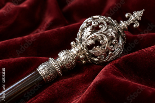 An ornate ceremonial staff with silver scrollwork finial on red velvet fabric.
