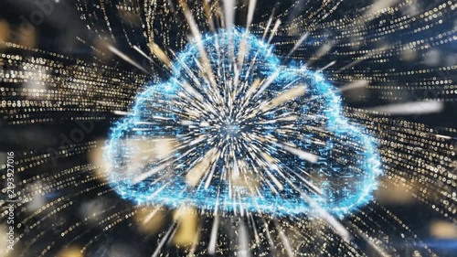 Glowing blue cloud icon emerging from digital binary code animation with streaks of bright light
