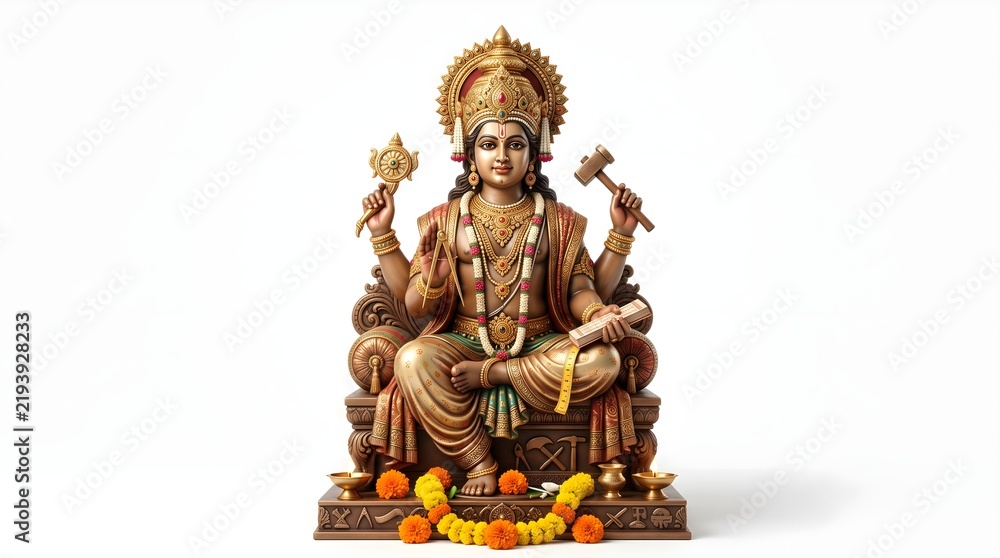 Obraz premium Detailed Vishwakarma Puja Statue Symbolizing Hindu Craftsmanship Engineering and Traditional Artisanship