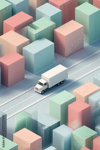 A white delivery truck driving through a stylized isometric city with pastel colored buildings and minimalist urban architecture in a 3d render